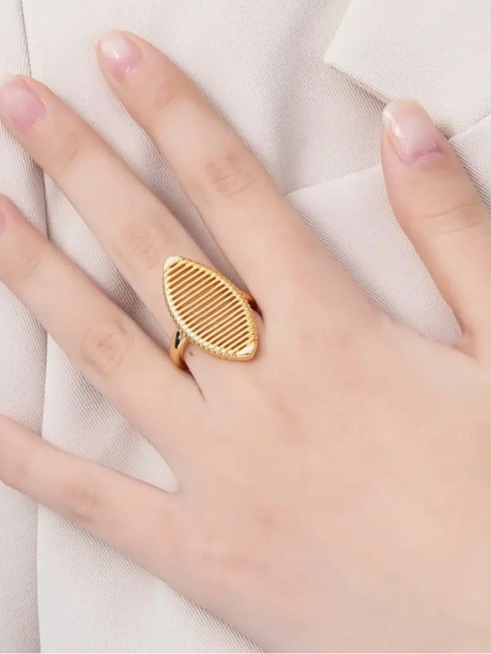 18K Gold Filled Open Linear Lined
Navette Geometric Ring - Picture 2 of 4